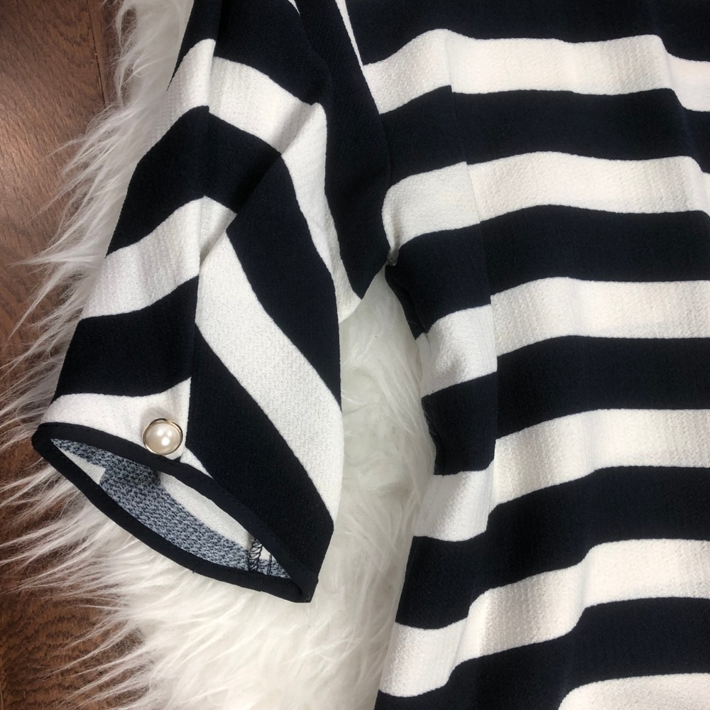 Zara Navy and White Striped Blouse w/ Pearl Sleeve - Picture 4 of 6